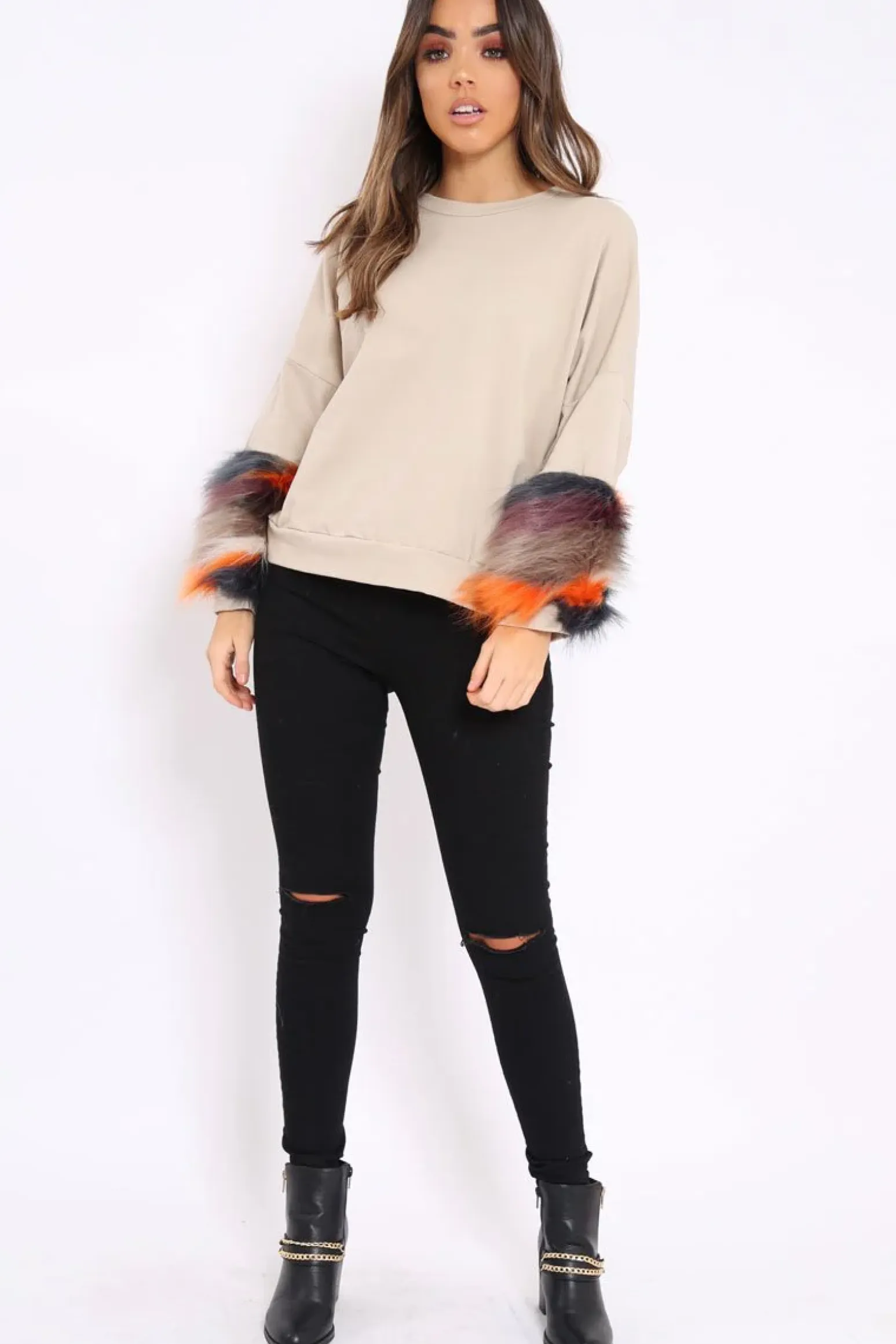 Rebellious Fashion Beige Sweatshirt with Multicolour Fur Sleeves - Loise