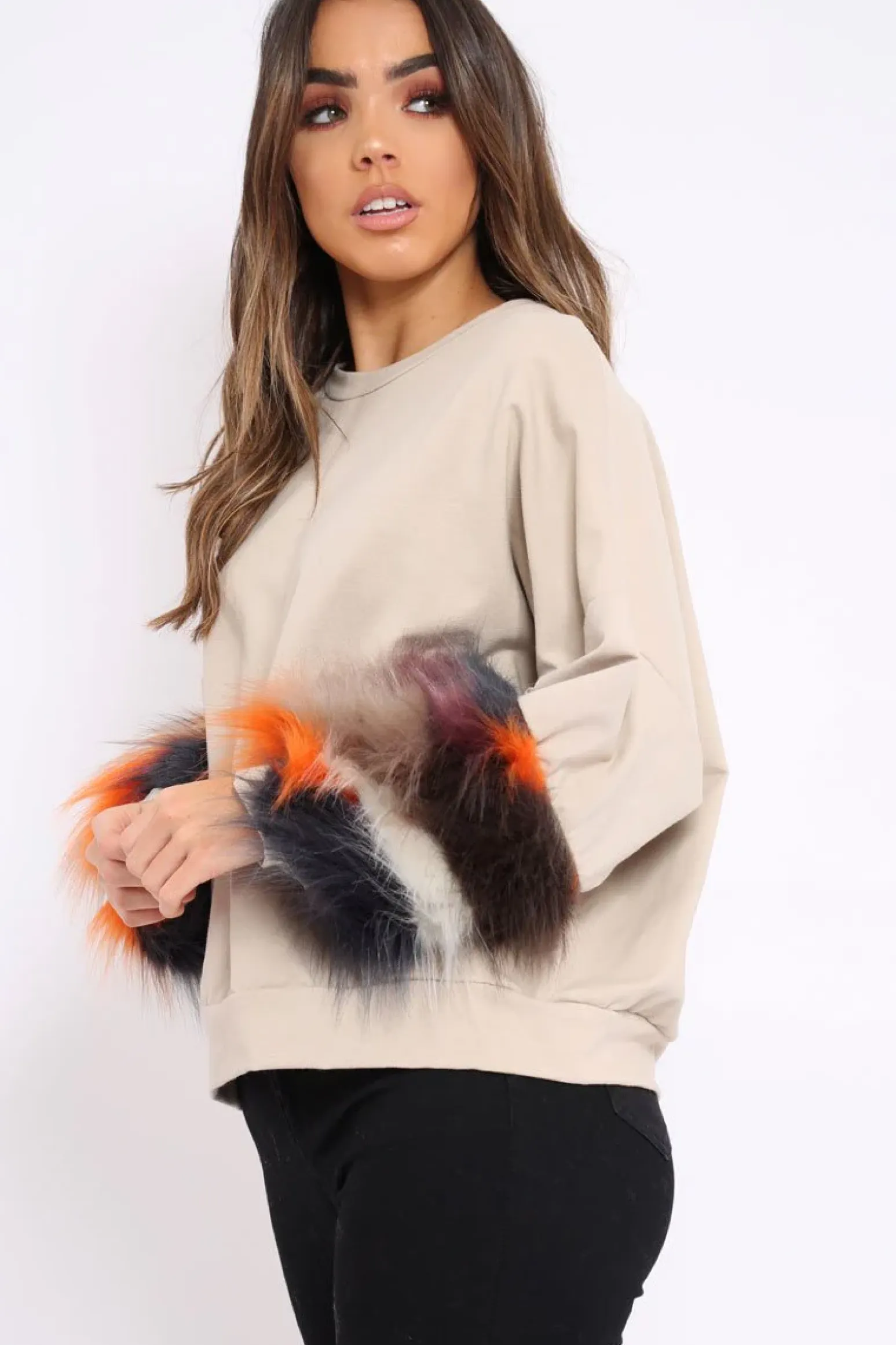 Rebellious Fashion Beige Sweatshirt with Multicolour Fur Sleeves - Loise