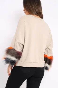 Rebellious Fashion Beige Sweatshirt with Multicolour Fur Sleeves - Loise