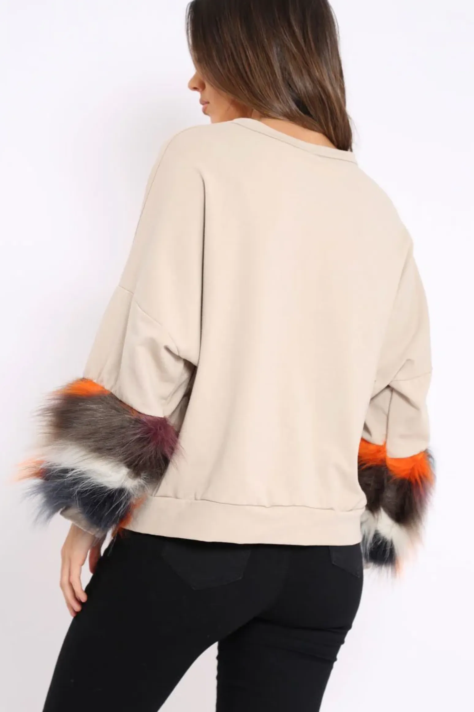 Rebellious Fashion Beige Sweatshirt with Multicolour Fur Sleeves - Loise