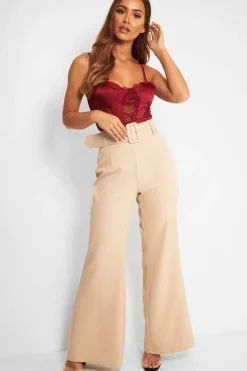 Rebellious Fashion Beige Tailored Wide Leg Belted Trousers - Chenelle