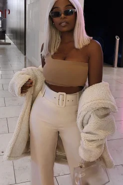 Rebellious Fashion Beige Tailored Wide Leg Belted Trousers - Chenelle