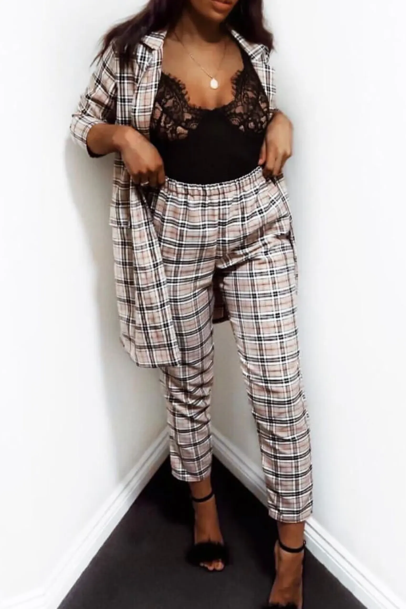 Rebellious Fashion Beige Tartan Long Blazer - Kerrie