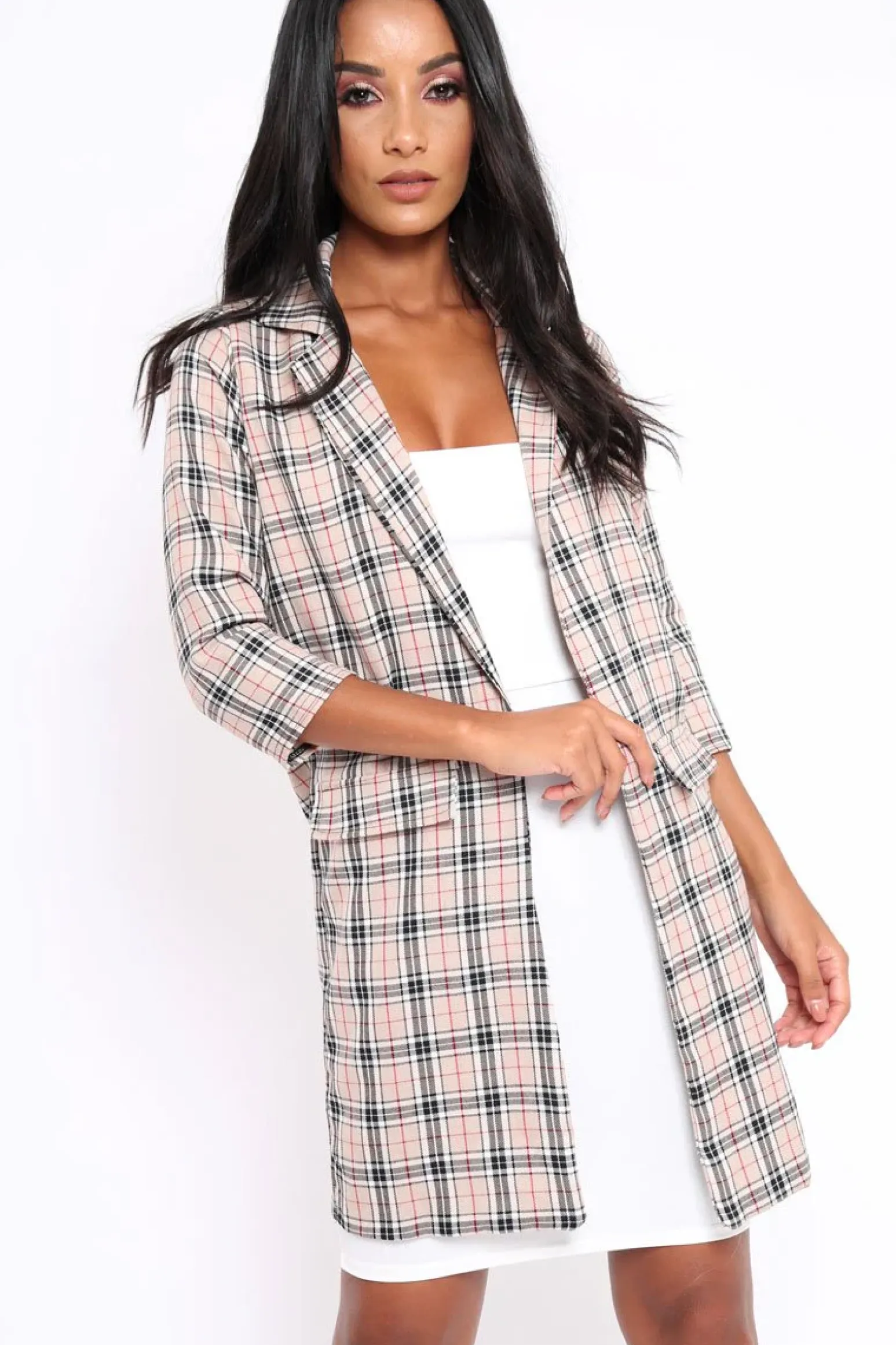 Rebellious Fashion Beige Tartan Long Blazer - Kerrie