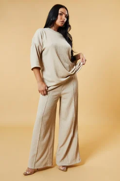 Rebellious Fashion Beige Textured Knit Trousers & Oversized Top Co-ord Set - Cecelia