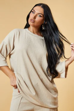 Rebellious Fashion Beige Textured Knit Trousers & Oversized Top Co-ord Set - Cecelia