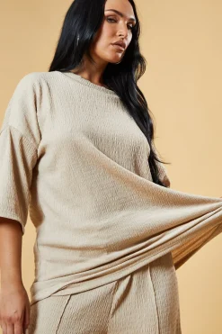 Rebellious Fashion Beige Textured Knit Trousers & Oversized Top Co-ord Set - Cecelia
