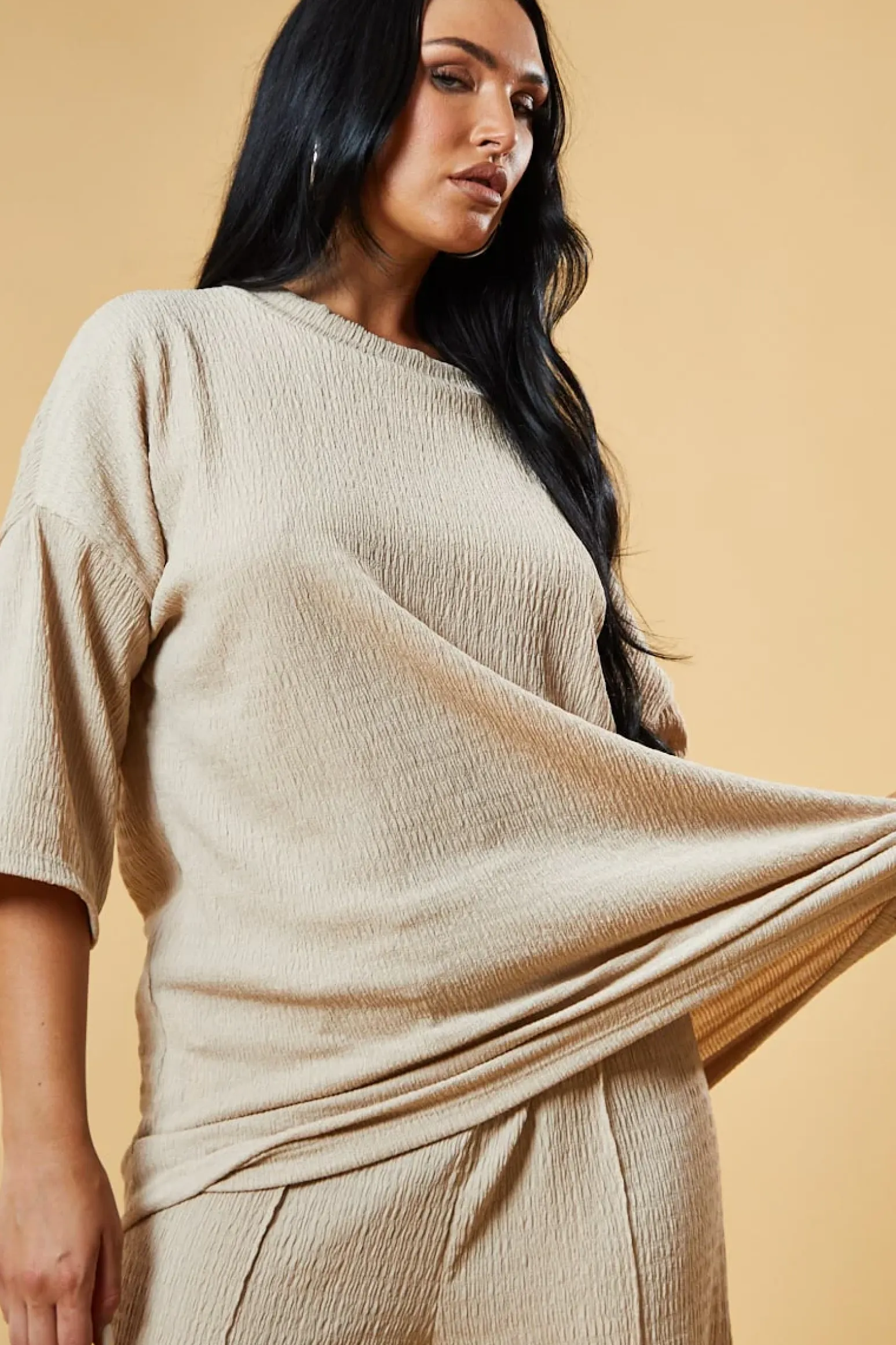 Rebellious Fashion Beige Textured Knit Trousers & Oversized Top Co-ord Set - Cecelia