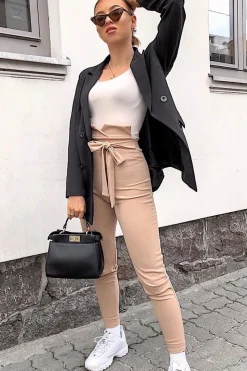 Rebellious Fashion Beige Tie Front Crepe Cigarette Trousers - Ryanne