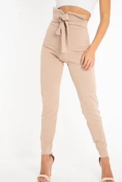 Rebellious Fashion Beige Tie Front Crepe Cigarette Trousers - Ryanne