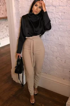 Rebellious Fashion Beige Tie Front Crepe Cigarette Trousers - Ryanne
