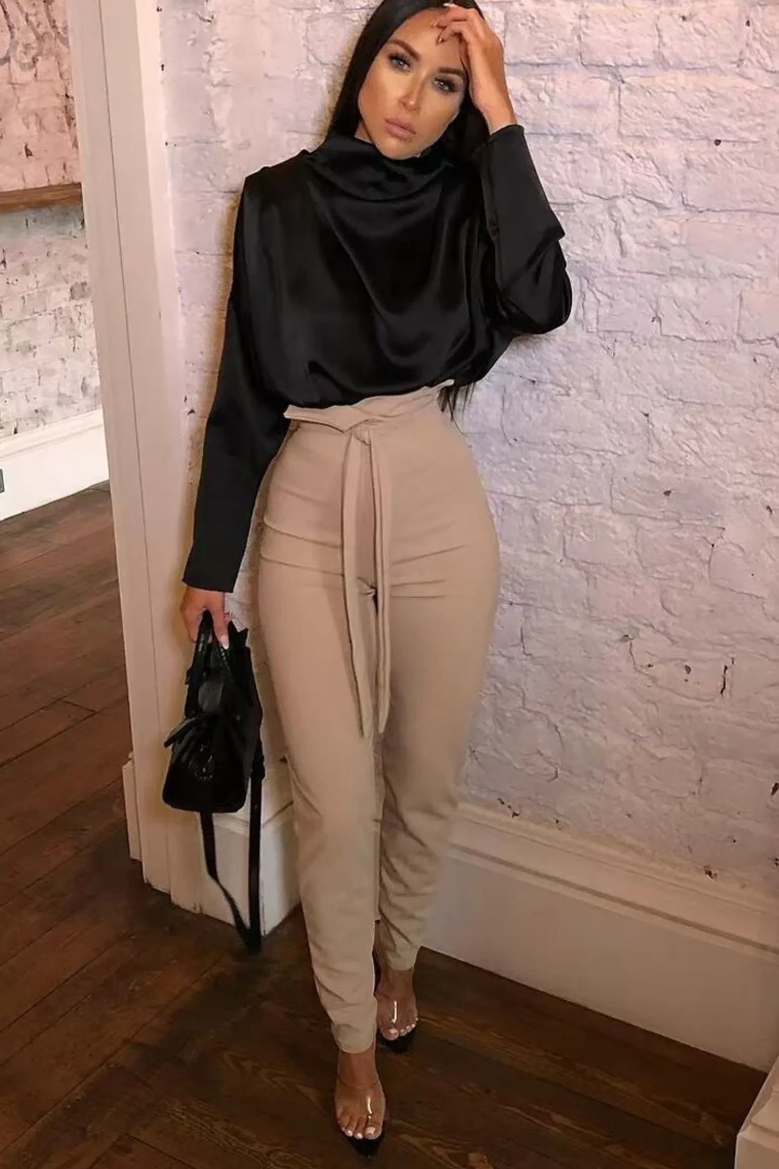 Rebellious Fashion Beige Tie Front Crepe Cigarette Trousers - Ryanne