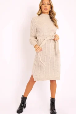 Rebellious Fashion Beige Tie Waist High Neck Midi Jumper Dress - Ennie