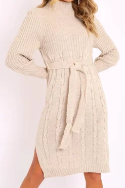 Rebellious Fashion Beige Tie Waist High Neck Midi Jumper Dress - Ennie