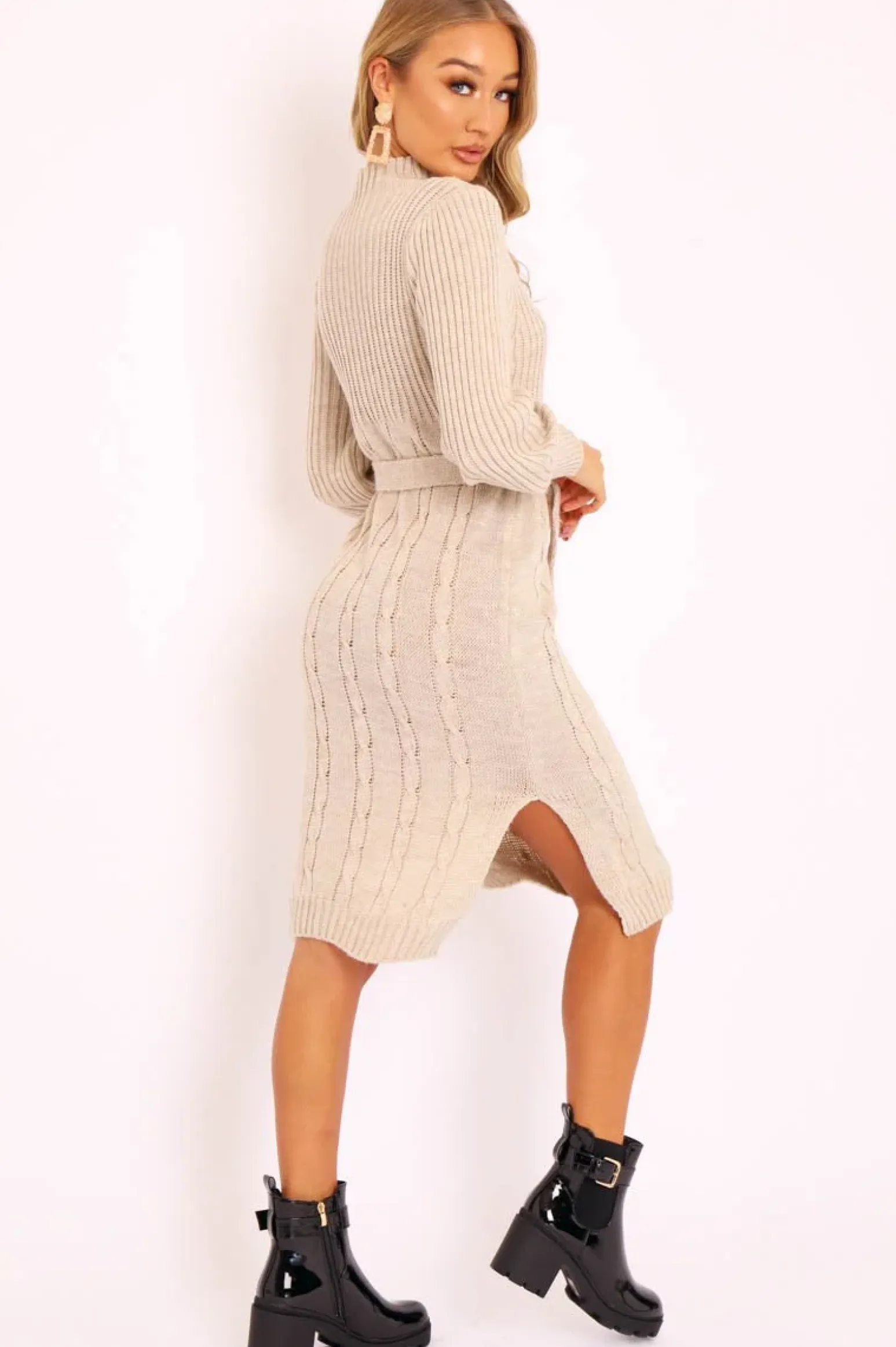 Rebellious Fashion Beige Tie Waist High Neck Midi Jumper Dress - Ennie