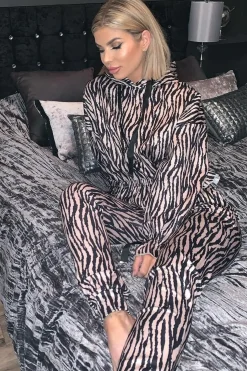 Rebellious Fashion Beige Tiger Print Crepe Shirred Waist Tracksuit - Lanae