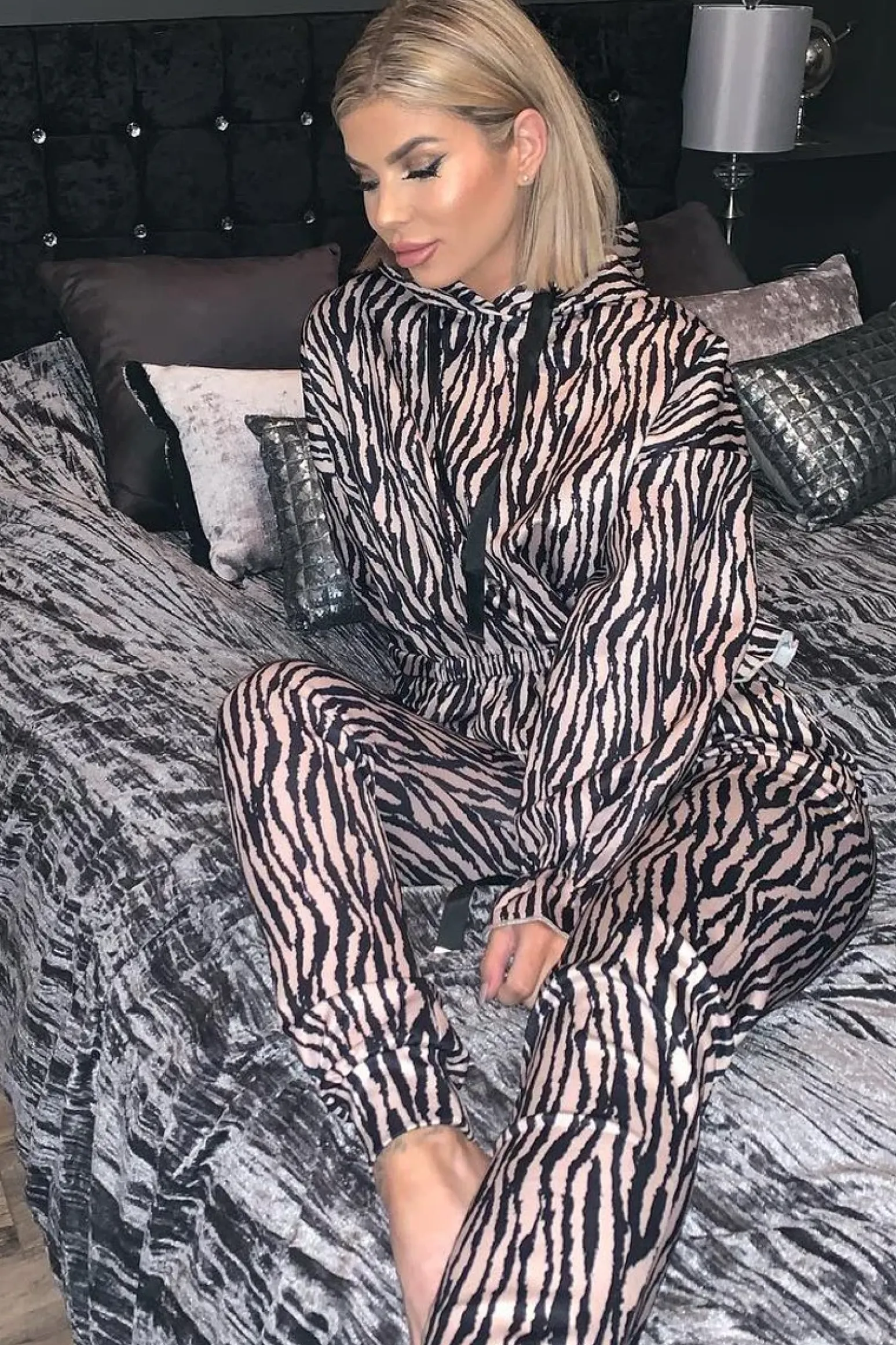 Rebellious Fashion Beige Tiger Print Crepe Shirred Waist Tracksuit - Lanae