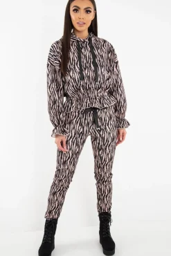 Rebellious Fashion Beige Tiger Print Crepe Shirred Waist Tracksuit - Lanae
