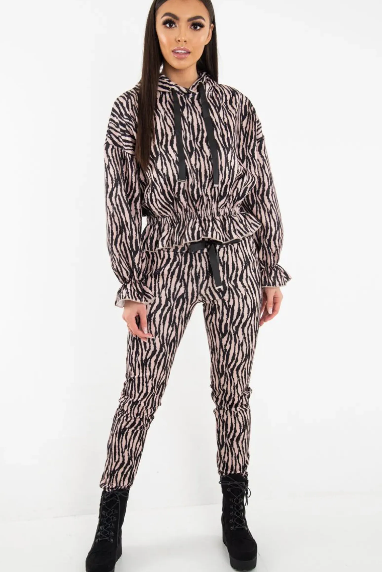 Rebellious Fashion Beige Tiger Print Crepe Shirred Waist Tracksuit - Lanae