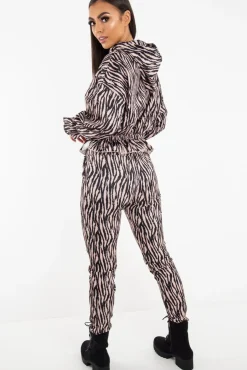 Rebellious Fashion Beige Tiger Print Crepe Shirred Waist Tracksuit - Lanae