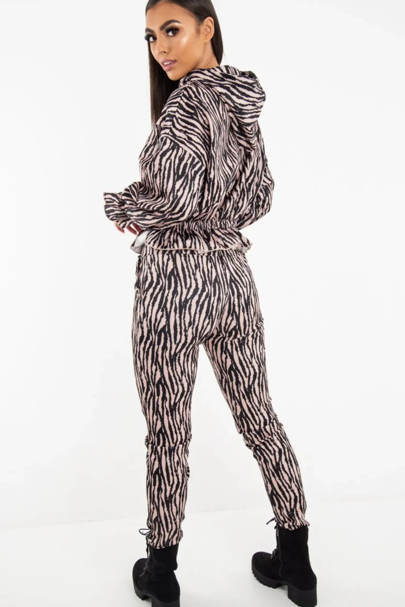 Rebellious Fashion Beige Tiger Print Crepe Shirred Waist Tracksuit - Lanae
