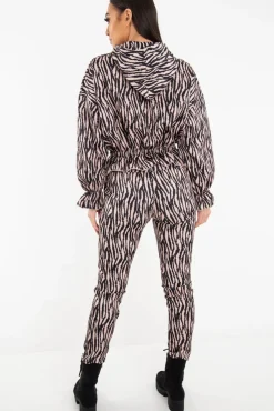 Rebellious Fashion Beige Tiger Print Crepe Shirred Waist Tracksuit - Lanae
