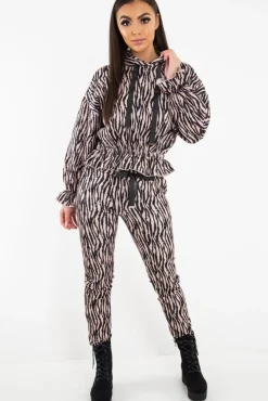 Rebellious Fashion Beige Tiger Print Crepe Shirred Waist Tracksuit - Lanae