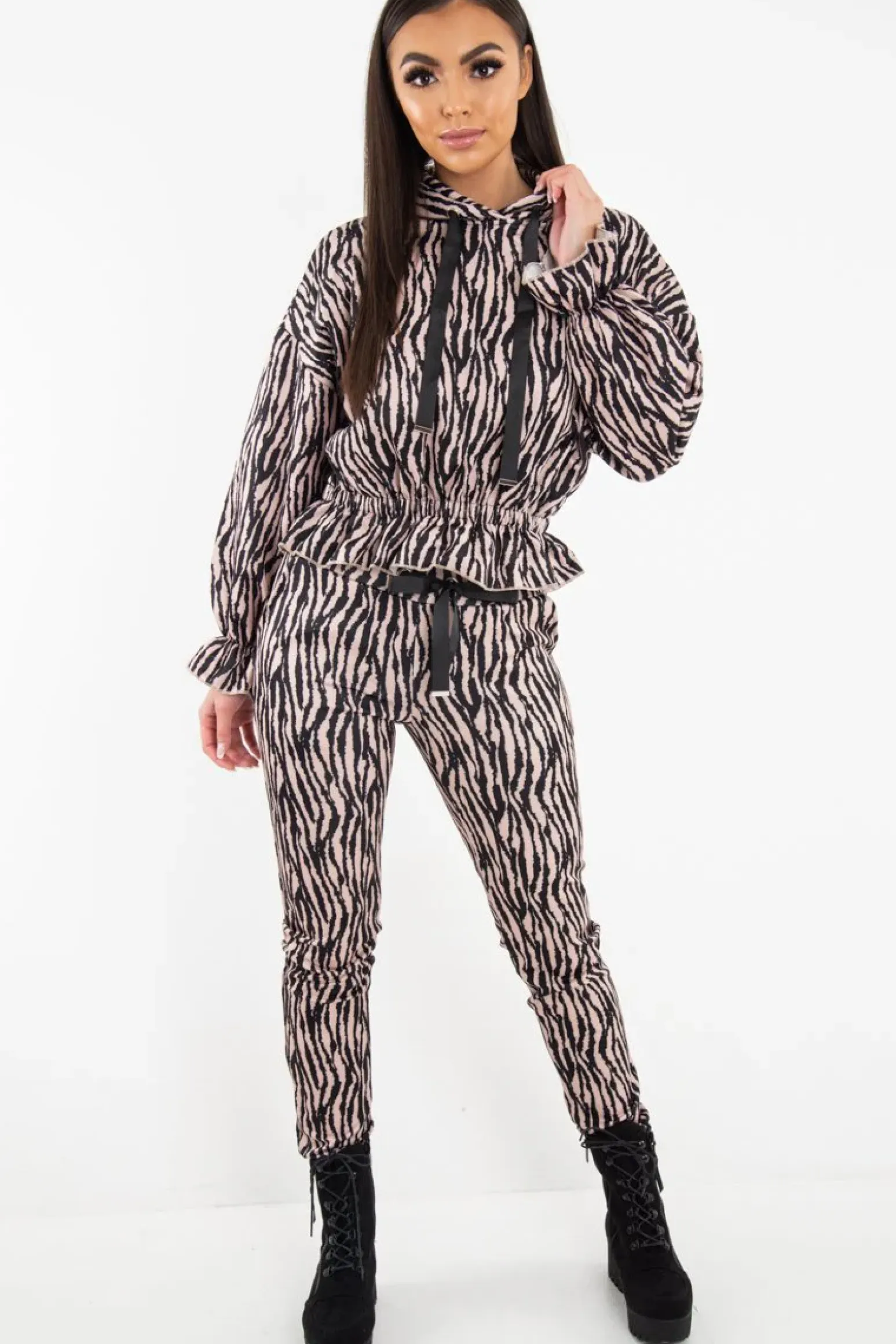 Rebellious Fashion Beige Tiger Print Crepe Shirred Waist Tracksuit - Lanae