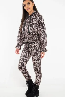 Rebellious Fashion Beige Tiger Print Crepe Shirred Waist Tracksuit - Lanae