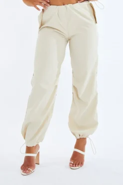 Rebellious Fashion Beige Toggle Detail Cargo Trousers - Izara