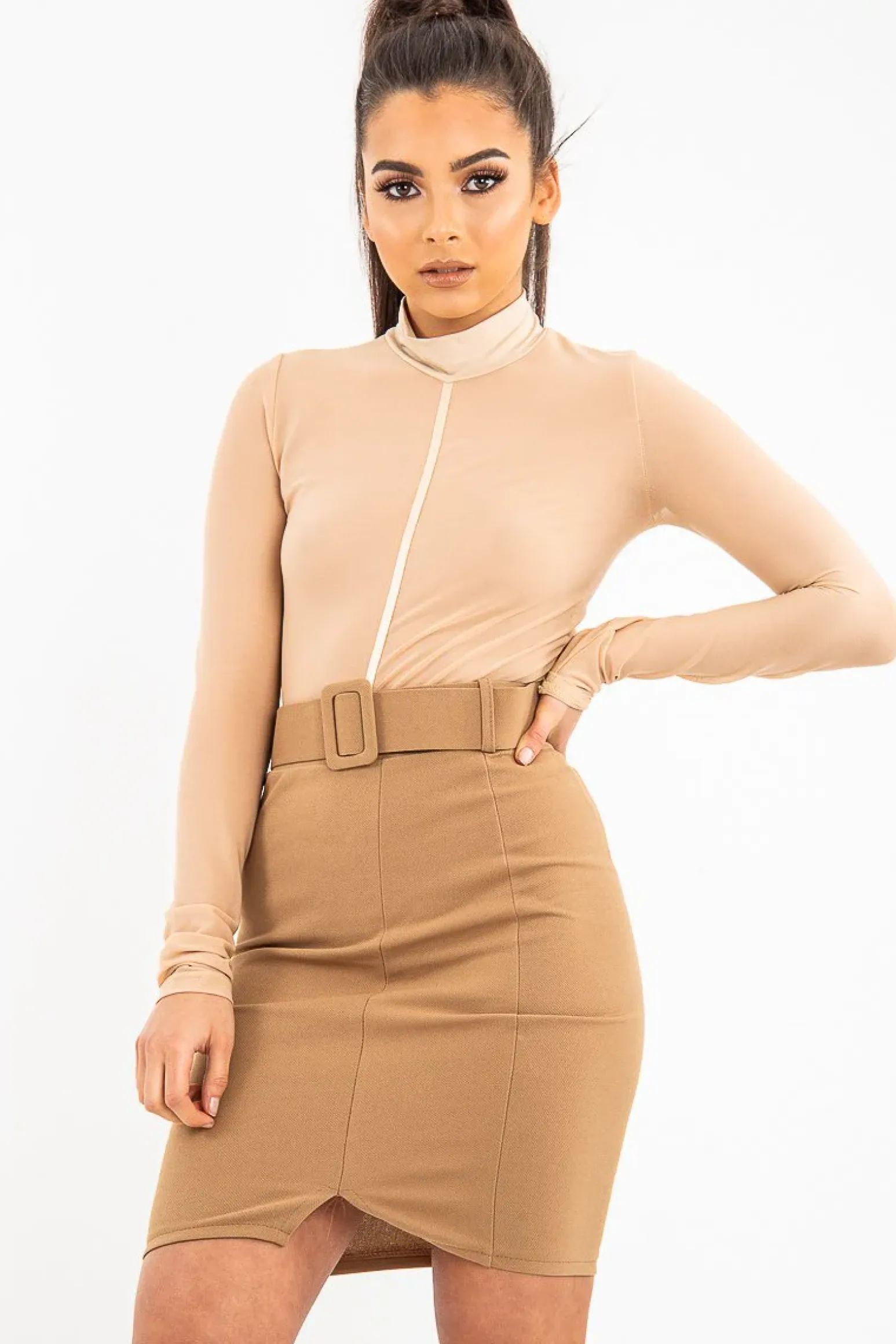 Rebellious Fashion Beige Turtle Neck All Over Mesh Bodysuit - Makeila