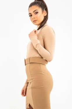 Rebellious Fashion Beige Turtle Neck All Over Mesh Bodysuit - Makeila