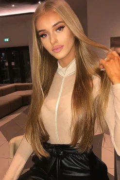 Rebellious Fashion Beige Turtle Neck All Over Mesh Bodysuit - Makeila