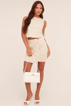 Rebellious Fashion Beige Tweed Button Detail Top & Mini Skirt Co-ord Set - Veta
