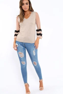 Rebellious Fashion Beige V Neck Jumper with Mesh Ruffled Sleeves - Amirah