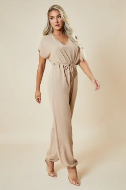 Rebellious Fashion Beige V-Neck Oversized Tie Detail Jumpsuit - Sammie