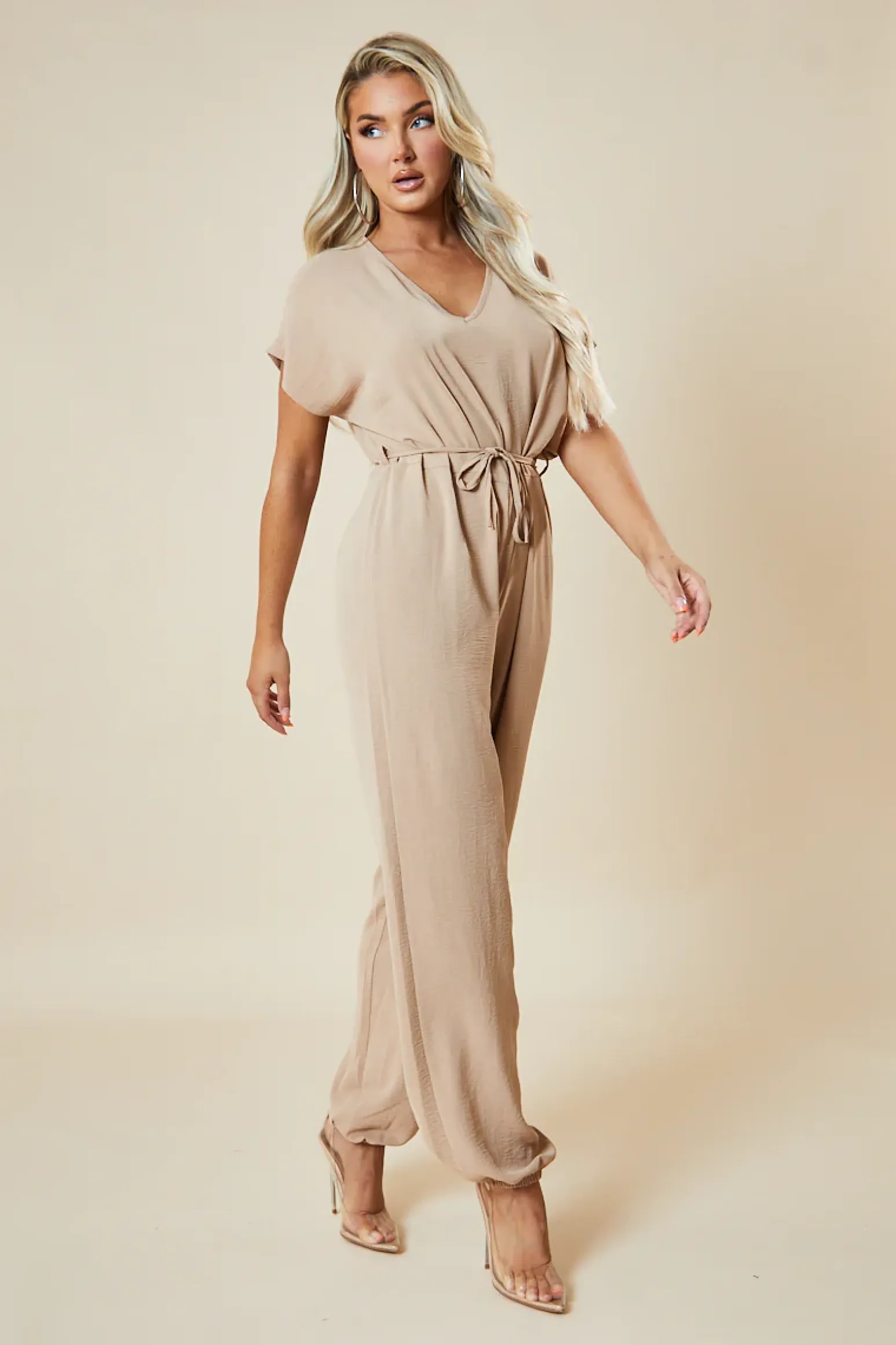 Rebellious Fashion Beige V-Neck Oversized Tie Detail Jumpsuit - Sammie