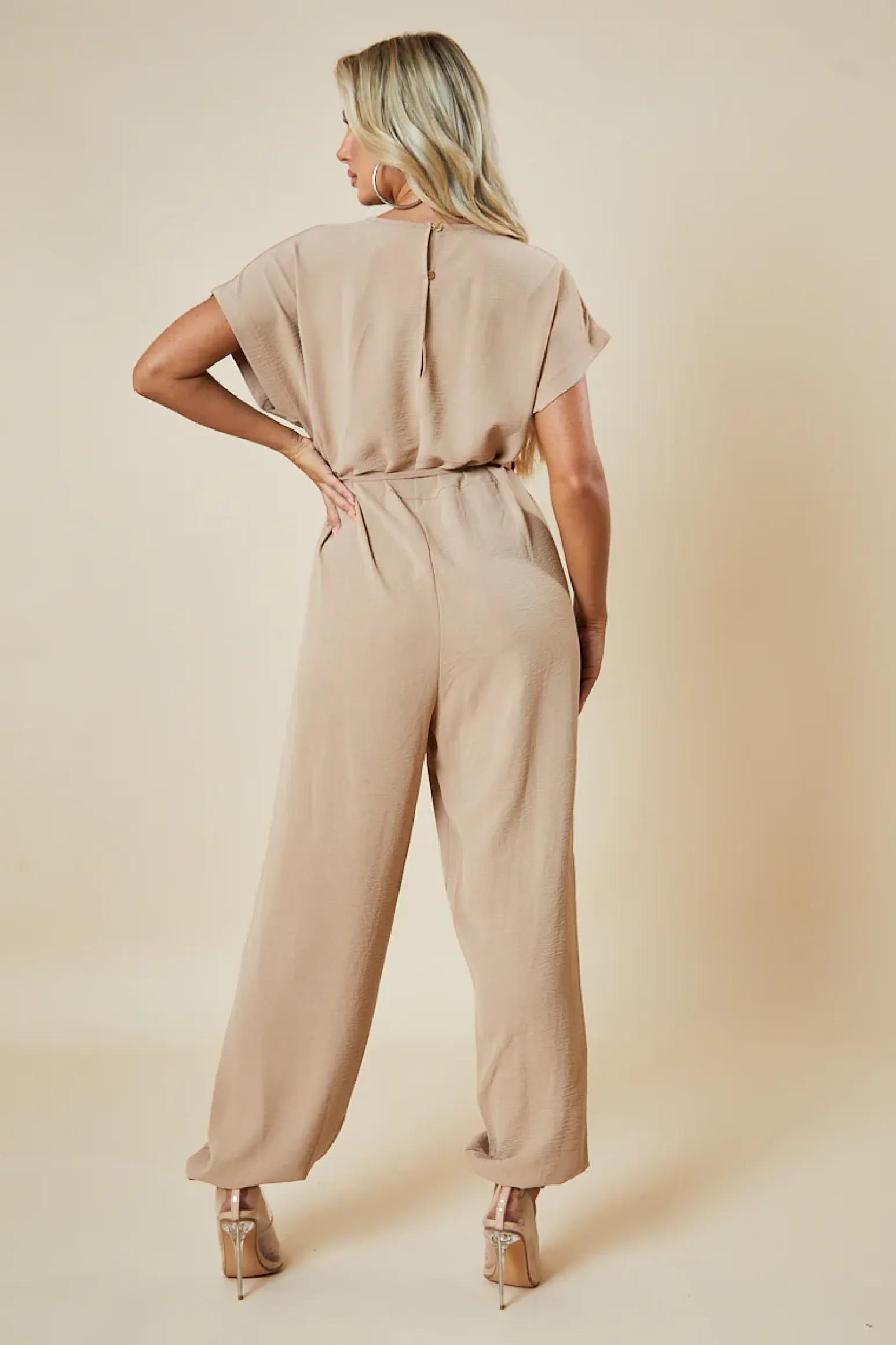 Rebellious Fashion Beige V-Neck Oversized Tie Detail Jumpsuit - Sammie