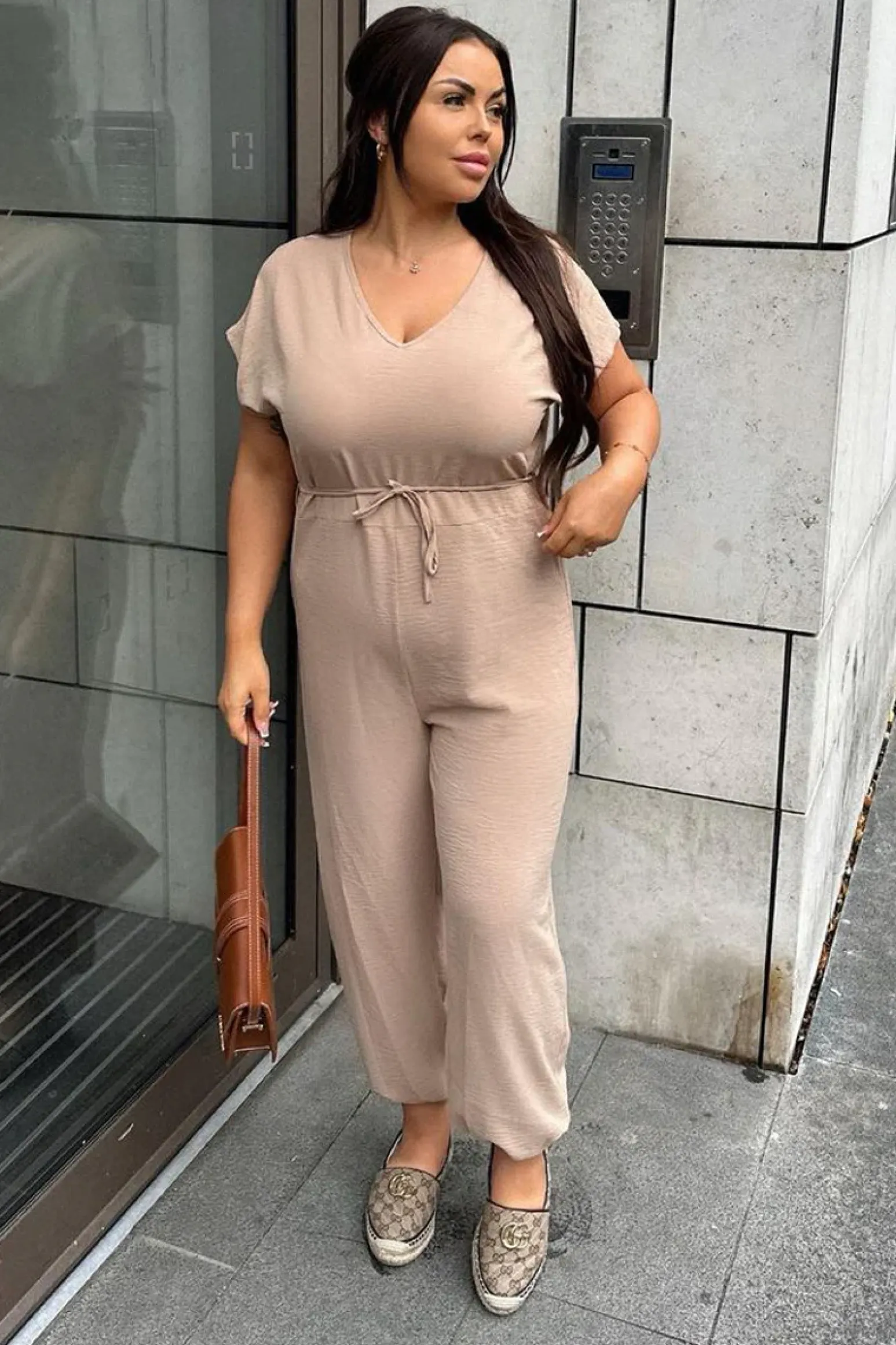 Rebellious Fashion Beige V-Neck Oversized Tie Detail Jumpsuit - Sammie