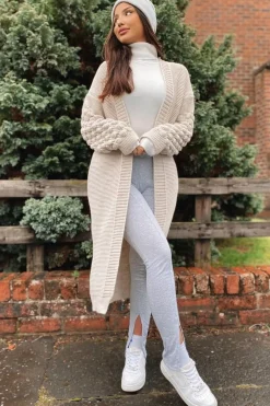Rebellious Fashion Beige Waffle Sleeve Maxi Cardigan - Davaya
