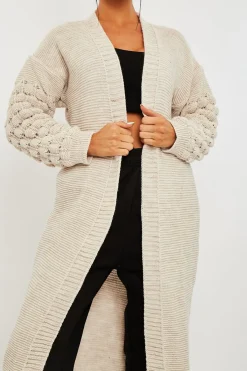 Rebellious Fashion Beige Waffle Sleeve Maxi Cardigan - Davaya