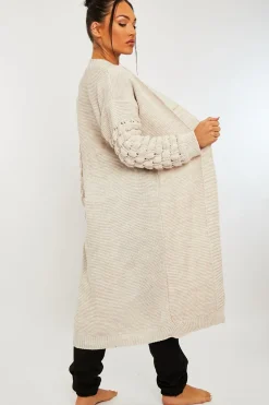 Rebellious Fashion Beige Waffle Sleeve Maxi Cardigan - Davaya