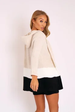 Rebellious Fashion Beige White Black Knitted Shorts and Hooded Cardigan Co-ord - Kyrie