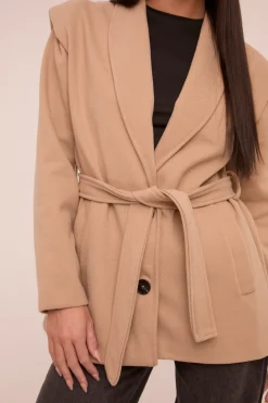 Rebellious Fashion Beige Wool Look Shoulder Pads Tie Front Long Sleeves Jacket - Gemma