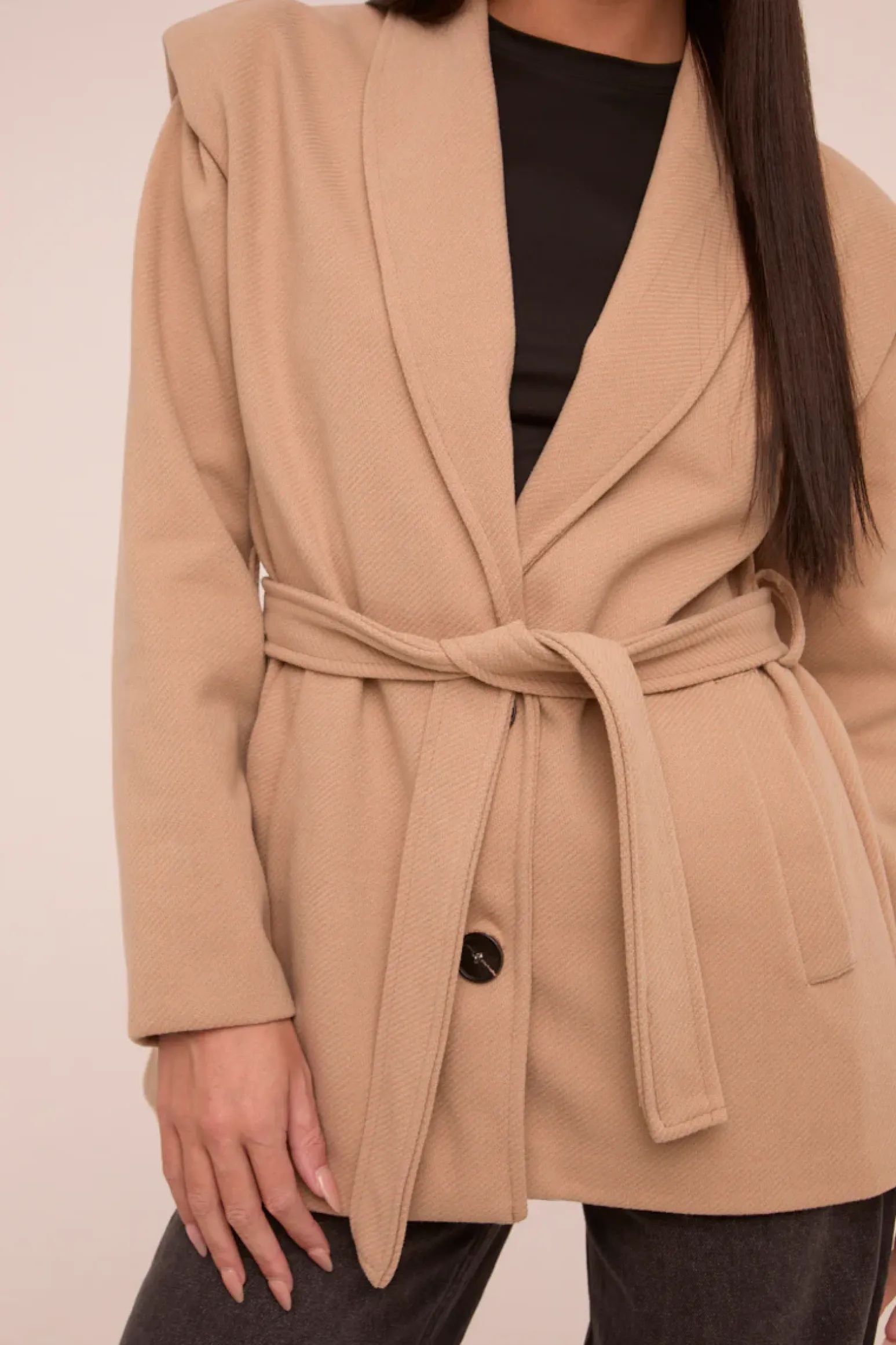 Rebellious Fashion Beige Wool Look Shoulder Pads Tie Front Long Sleeves Jacket - Gemma