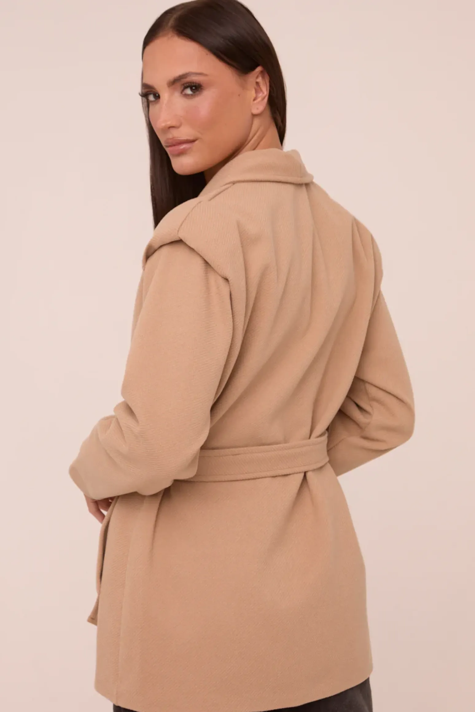 Rebellious Fashion Beige Wool Look Shoulder Pads Tie Front Long Sleeves Jacket - Gemma