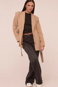 Rebellious Fashion Beige Wool Look Shoulder Pads Tie Front Long Sleeves Jacket - Gemma
