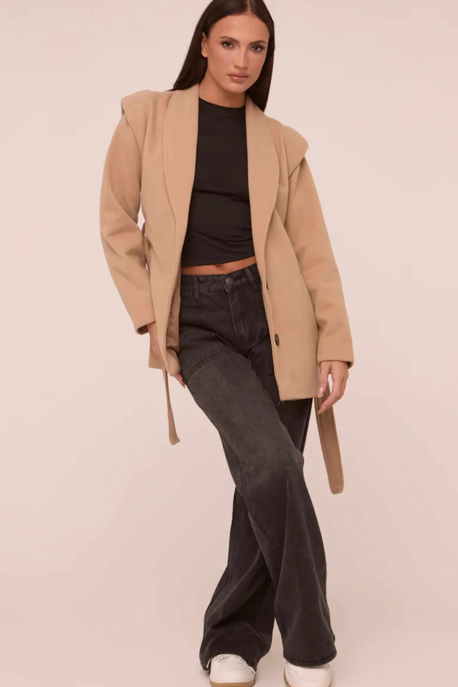 Rebellious Fashion Beige Wool Look Shoulder Pads Tie Front Long Sleeves Jacket - Gemma