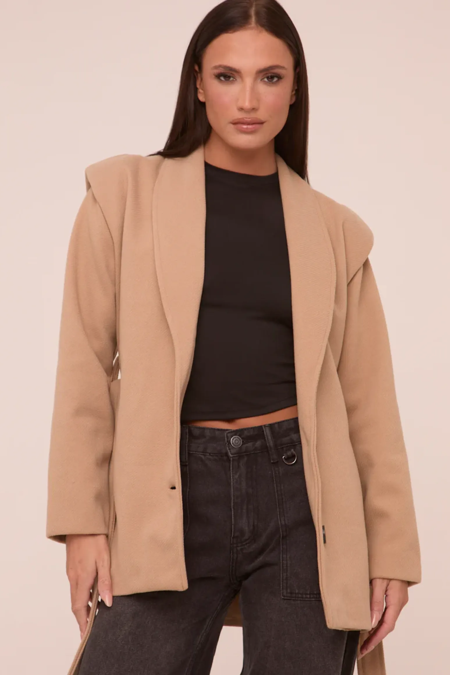 Rebellious Fashion Beige Wool Look Shoulder Pads Tie Front Long Sleeves Jacket - Gemma