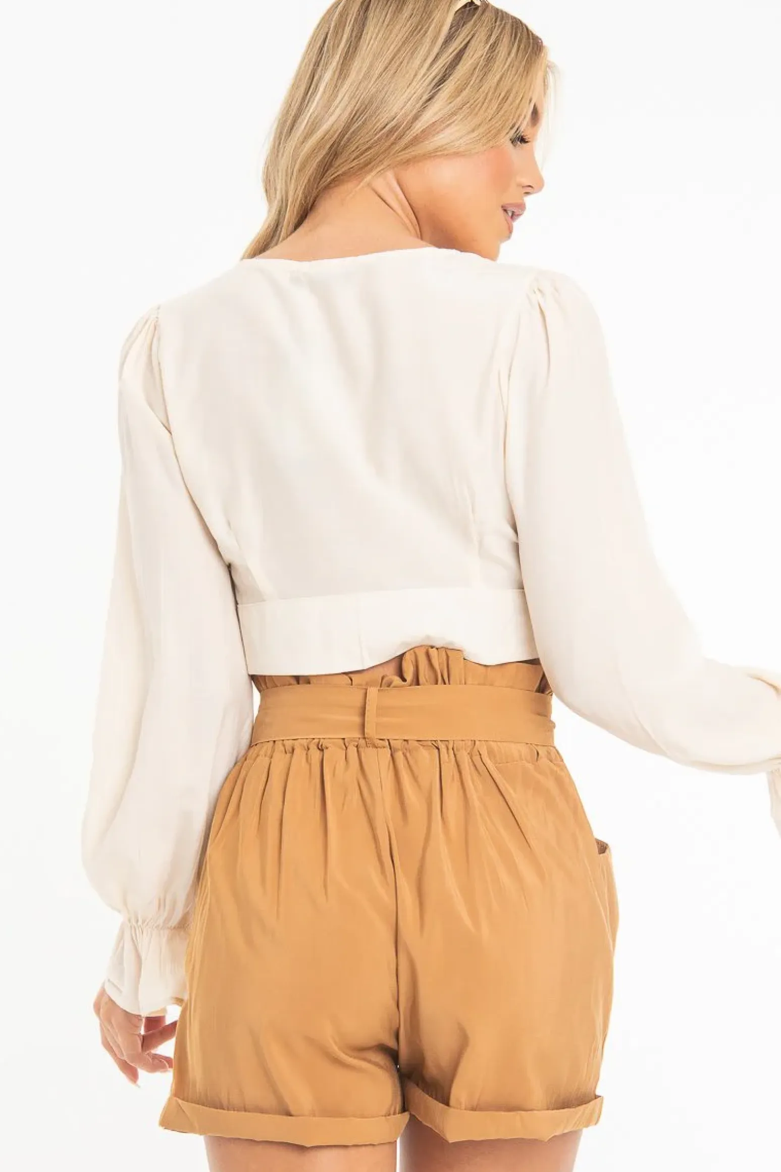 Rebellious Fashion Beige Woven Plunge Button Front Crop Blouse - Katerina